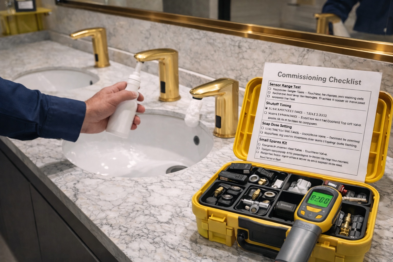 Commissioning and handover with checklist and spares kit for sensor faucet and dispenser